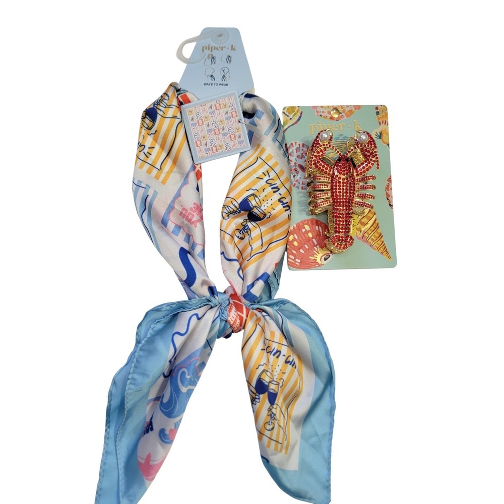 Piper K Coastal Scarf and Rhinestone Lobster Gold Hair Claw Clip Nautical Beach